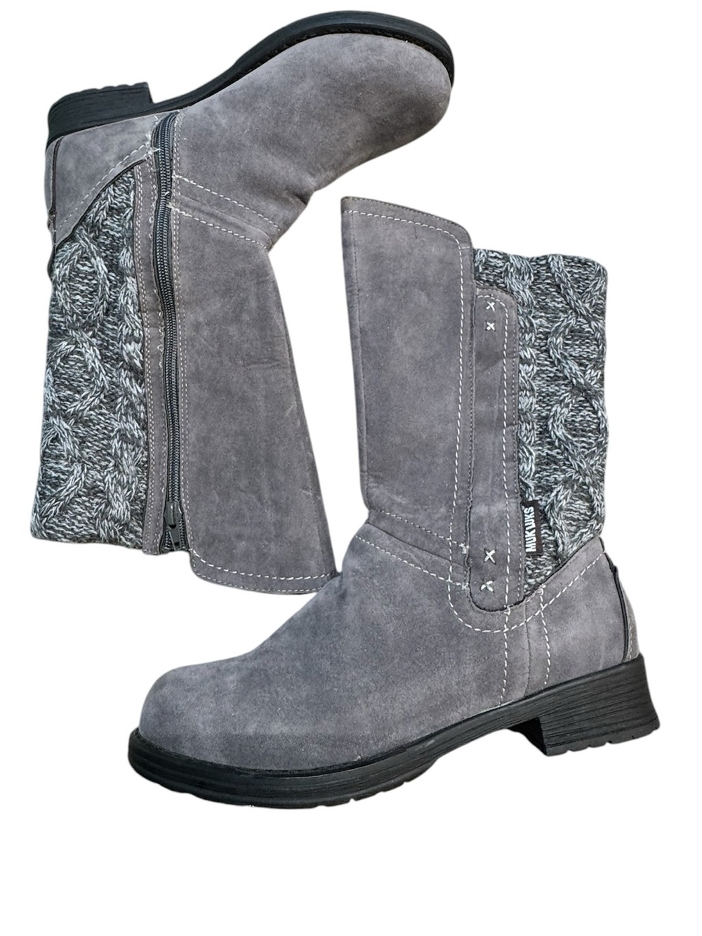 MUK LUKS Women's Gray Faux Suede & Cable Knit Mid-Calf Winter Boots, Size 8